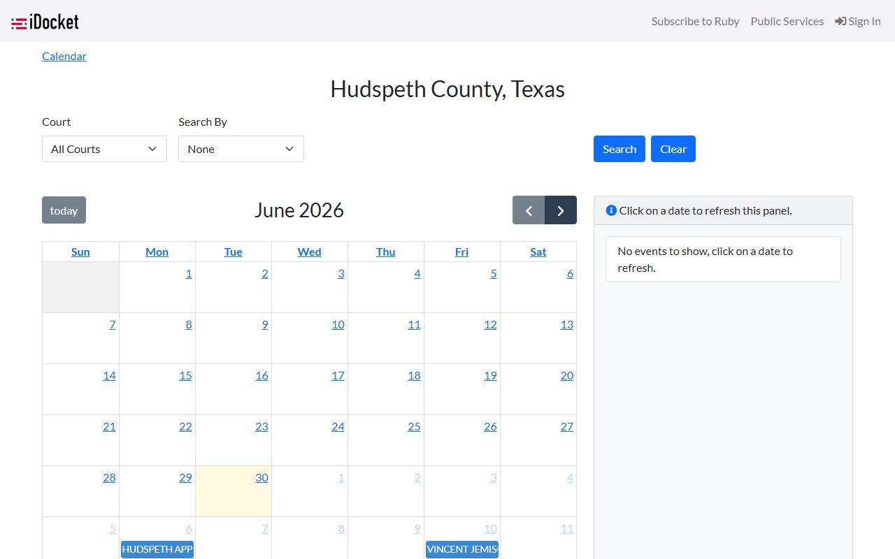 Hudspeth County court records after arrest iDocket calendar fields