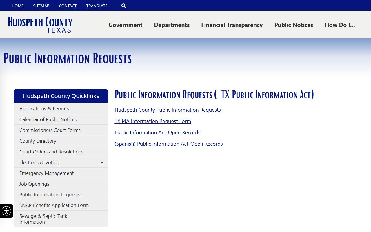 Hudspeth County inmate records public information request page