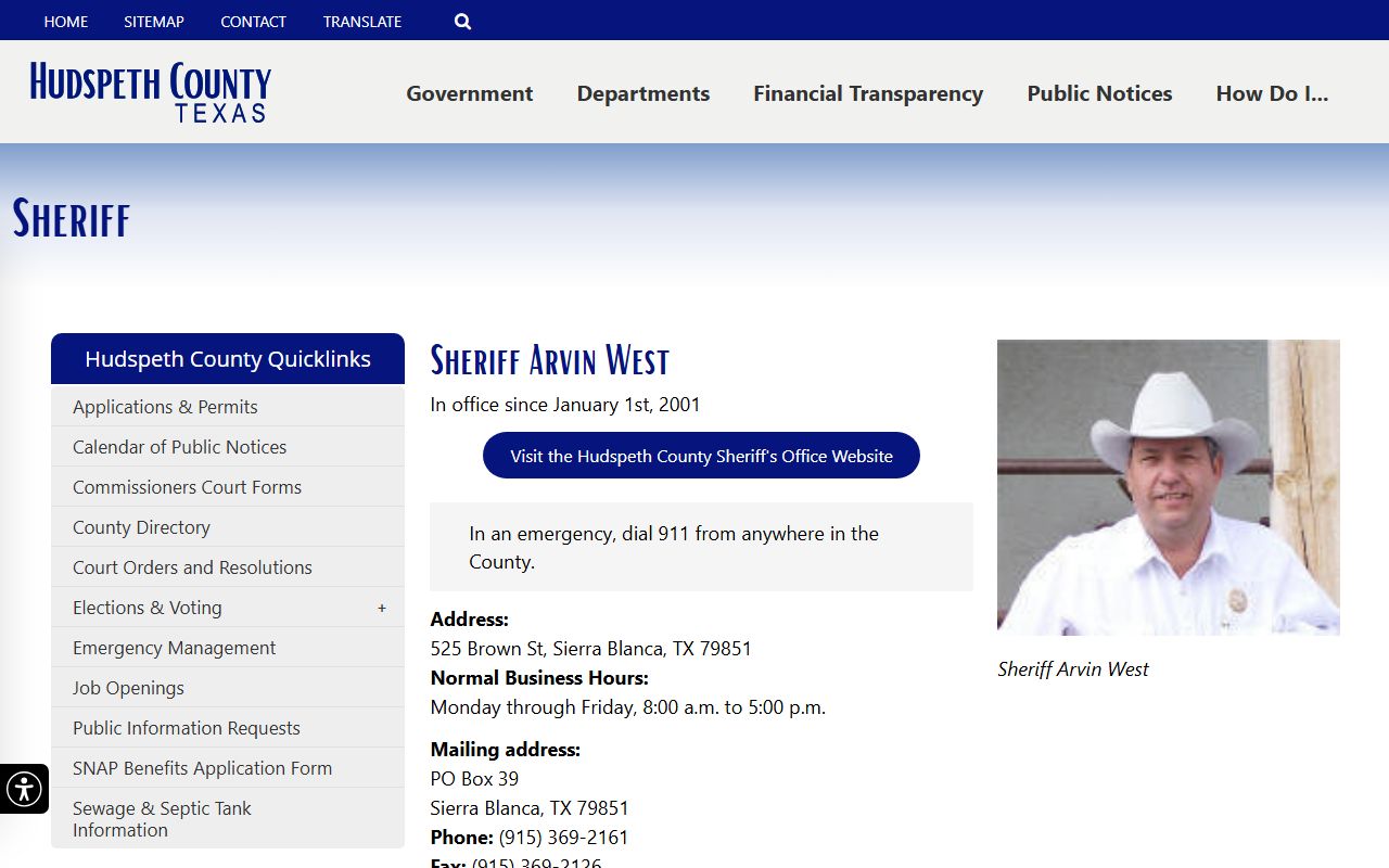 Hudspeth County Jail sheriff page for inmate custody records