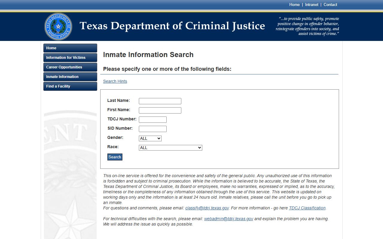 Hudspeth County inmate records TDCJ offender search fields